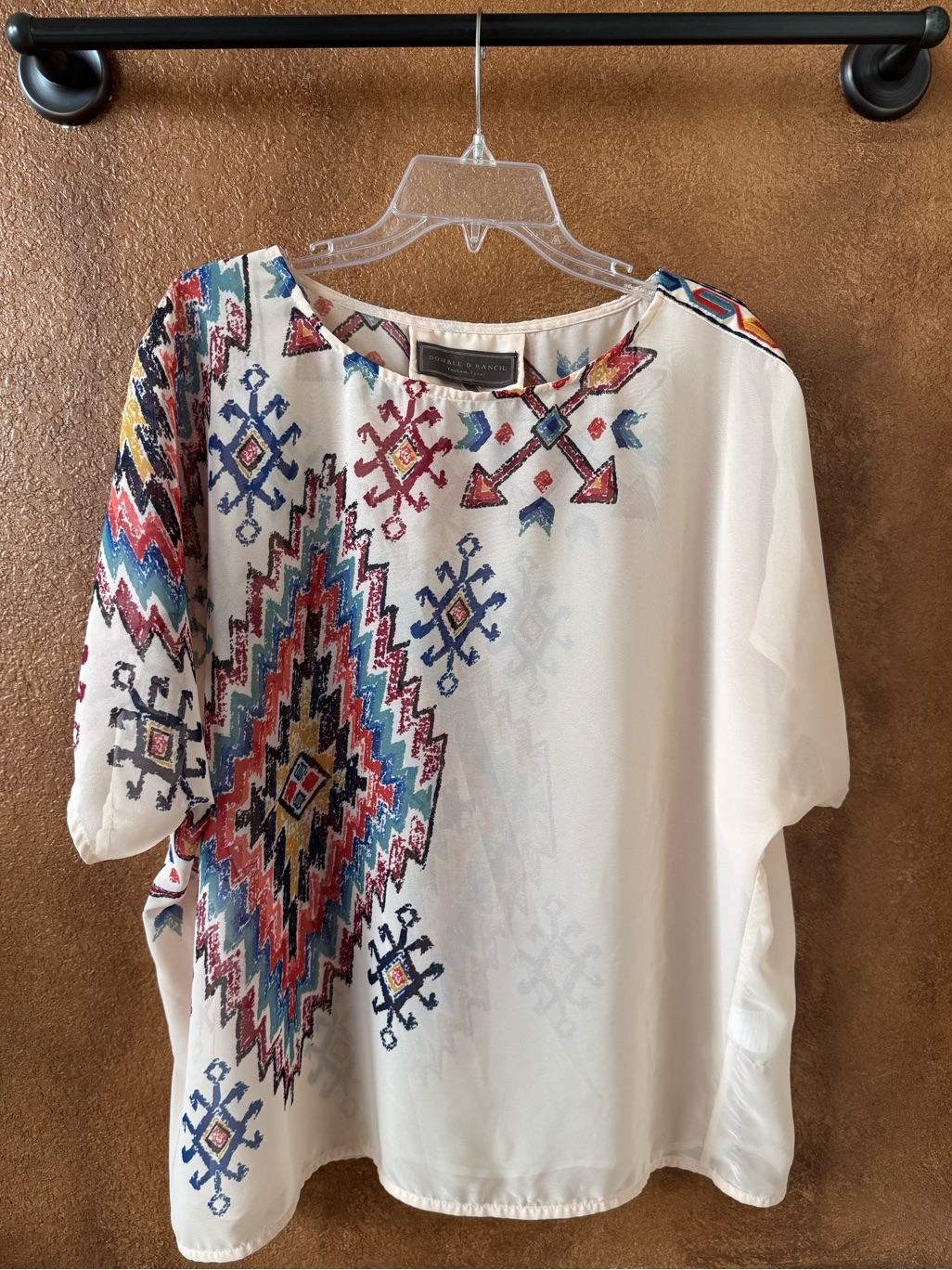 Double D Ranch Cream Sheer Aztec & Arrow Print Poncho Top With Embroidery Size L
